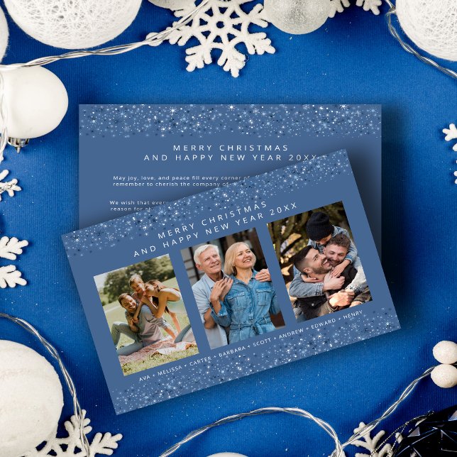 Cartão De Festividades Blue Shades Snowflakes Christmas Stylish Collage (Blue Shades Snowflakes Christmas Stylish Collage 3 Photos Family Holiday Card with Envelope. )