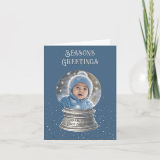 Cartão De Festividades Blue Snow Globe Photo Flat Holiday Card