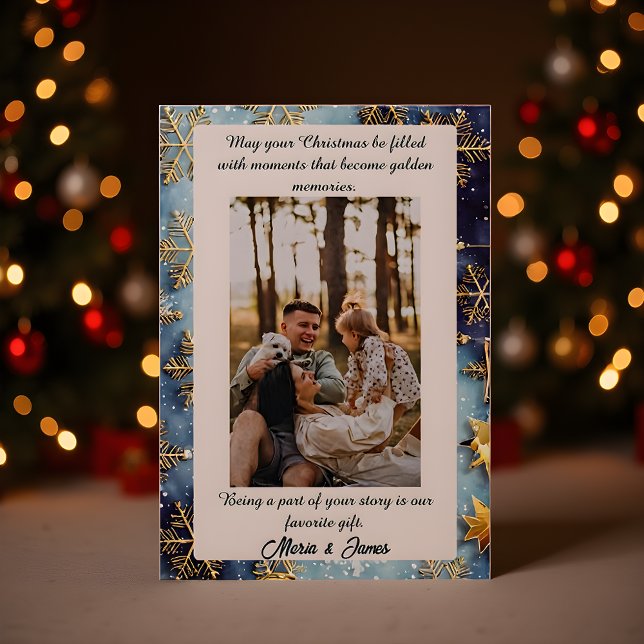 Cartão De Festividades Blue Snow Plaid Portrait Photo Christmas Holiday  (Criador carregado)