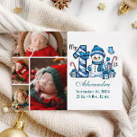 Cartão De Festividades Blue Snowman 4 Foto Primeiro Natal<br><div class="desc">Celebre a sua primeira temporada de festas com este alegre design de inverno com um número de xadrez azul, um adorável boneco de neve, e doces e presentes espalhados. Personalize-o com a fotografia do seu bebê e os detalhes do nascimento para criar uma guarnição que traz encanto e magia às...</div>