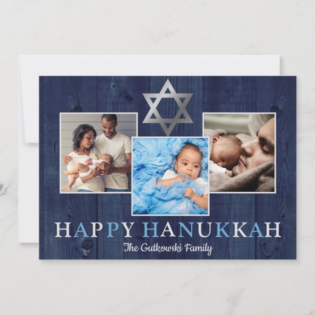Cartão De Festividades Blue Star of David Happy Hanukkah Photo Collage (Frente)