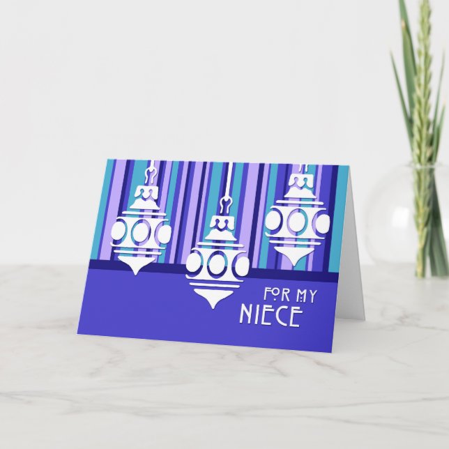 Cartão De Festividades Blue Stripe Ornament Niece Merry Christmas Card (Frente)
