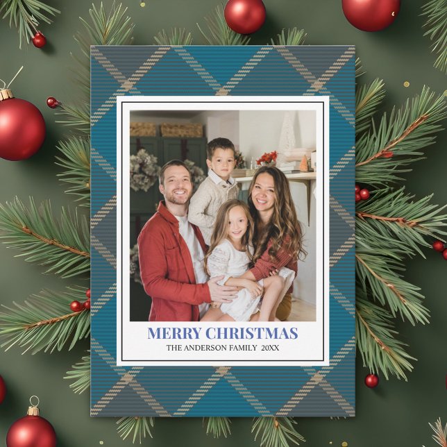 Cartão De Festividades Blue Tartan Plaid with Christmas Family Photo (Criador carregado)