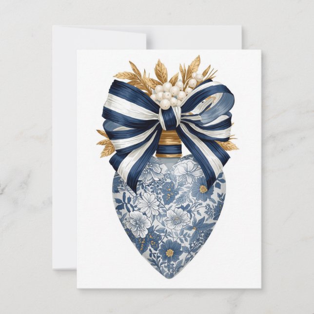 Cartão De Festividades Blue Toile Floral Heart Navy Stripe Bow (Frente)