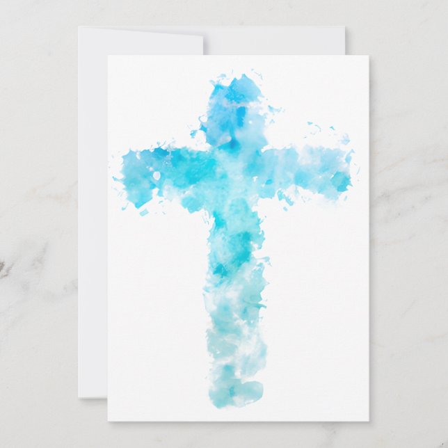 Cartão De Festividades Blue Watercolor Christian Cross (Frente)