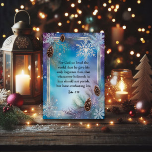 Cartão De Festividades Blue Watercolor Snowflakes John 3:16 Christian