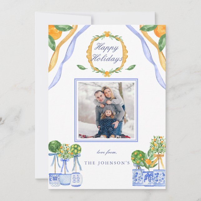 Cartão De Festividades Blue White Chinoiserie Foto de Natal Laranja (Frente)