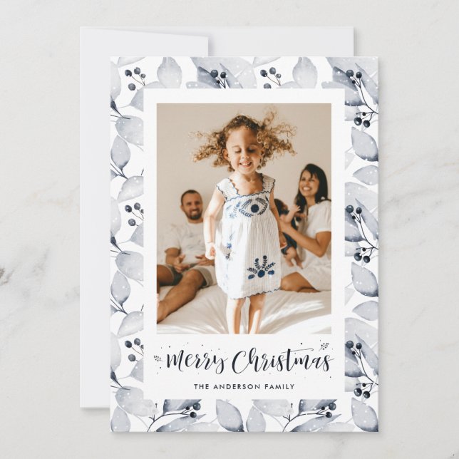 Cartão De Festividades Blue Winter Foliage Photo Merry Christmas Card (Frente)