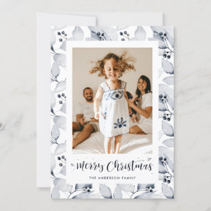 Cartão De Festividades Blue Winter Foliage Photo Merry Christmas Card