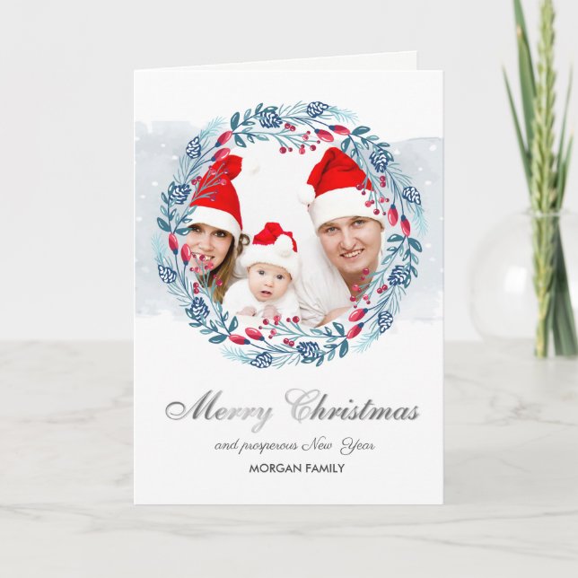 Cartão De Festividades Blue Wreath Holly Berry Foto Feliz Natal (Frente)