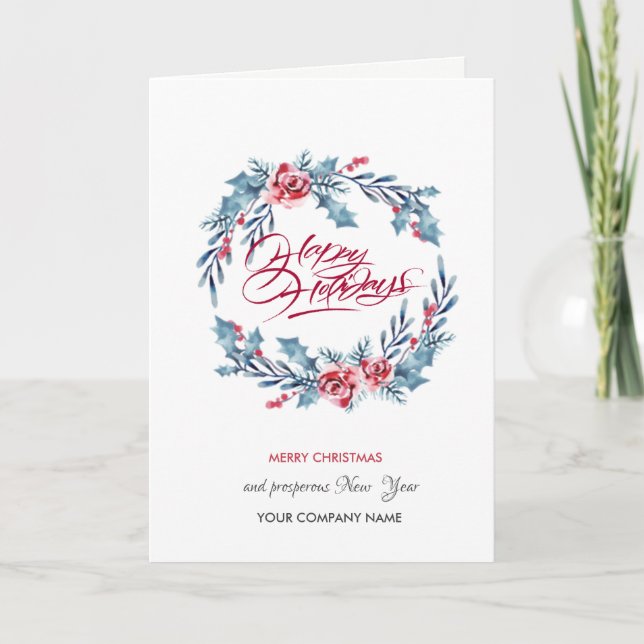 Cartão De Festividades Blue Wreath Merry Christmas Corporate (Frente)