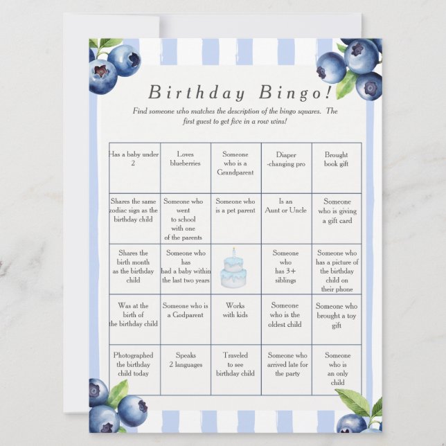 Cartão De Festividades Blueberry  Birthday Find Guest Bingo game card (Frente)