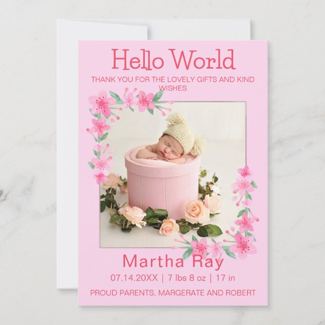 Cartão De Festividades Blush Photo Welcoming Newborn Girl Birth Stat (Frente)