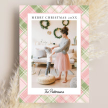 Blush Pink & Sage Green Plaid Photo Christmas