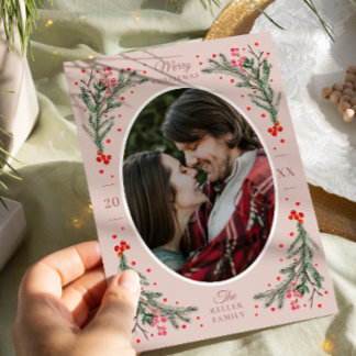 Cartão De Festividades Blush Plana de Natal Fotográfico Elegante Watercol