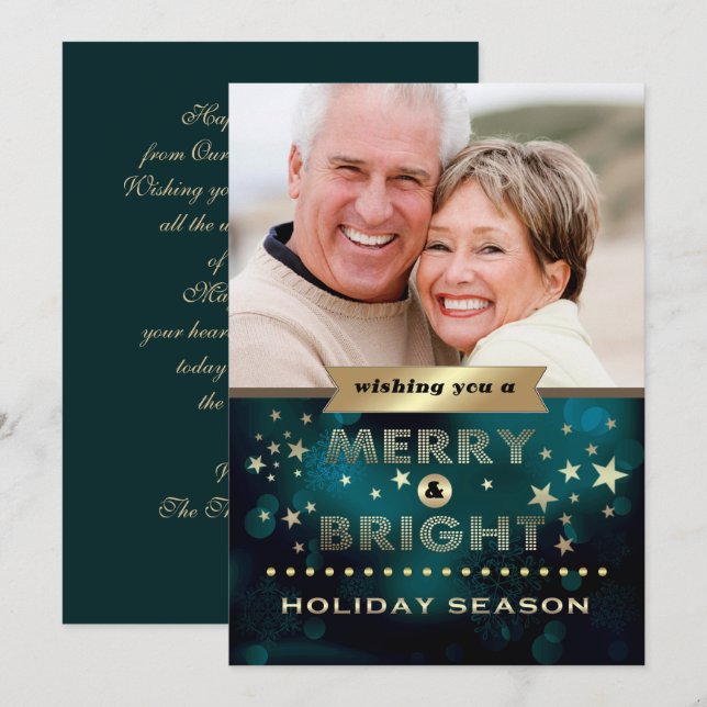 Cartão De Festividades Boas Festas. Foto de Natal em Dourado Verde  (Frente/Verso)