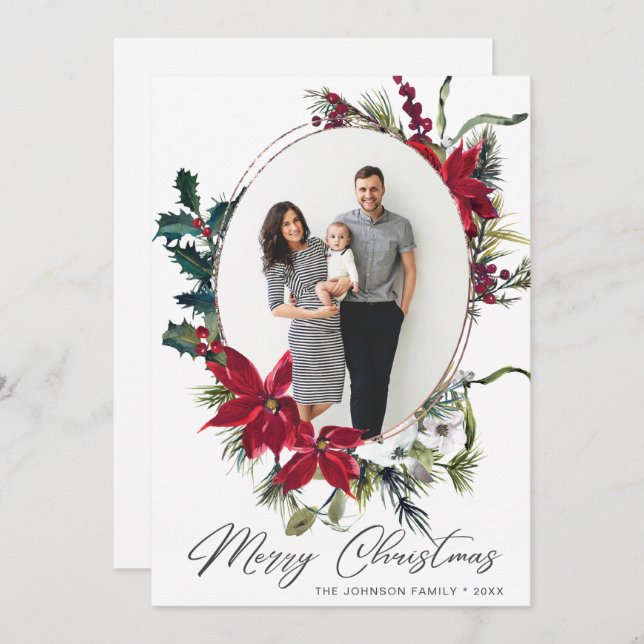 Cartão De Festividades Boas-vindas ao Natal de Poinsettia (Frente/Verso)