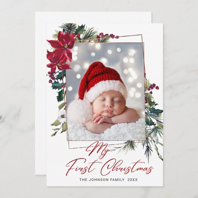 Cartão De Festividades Boas-vindas ao Natal de Poinsettia (Frente/Verso)