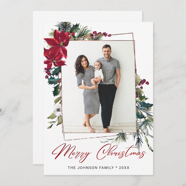 Cartão De Festividades Boas-vindas ao Natal de Poinsettia (Frente/Verso)
