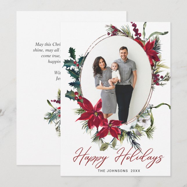 Cartão De Festividades Boas-vindas ao Natal de Poinsettia (Frente/Verso)