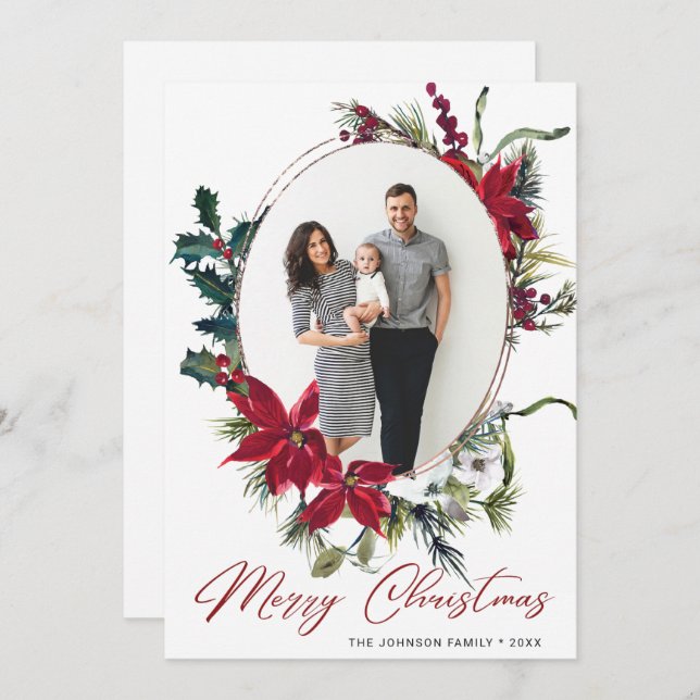 Cartão De Festividades Boas-vindas ao Natal de Poinsettia (Frente/Verso)