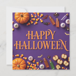 Cartão De Festividades Boas Vindas de Halloween em Flat Lay sobre Roxo 