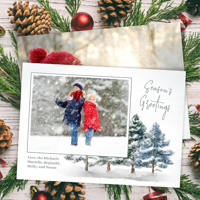 Cartão De Festividades Boas-vindas do inverno Pine 2 Foto (Season's Greetings woodland holiday photo card.)