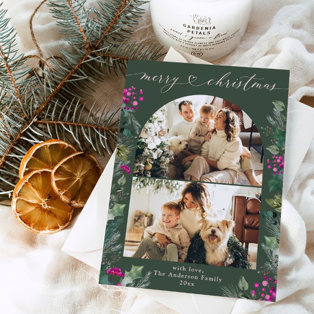 Cartão De Festividades Boêmian Pink Green 2 Photo Arch Feliz Natal (Criador carregado)