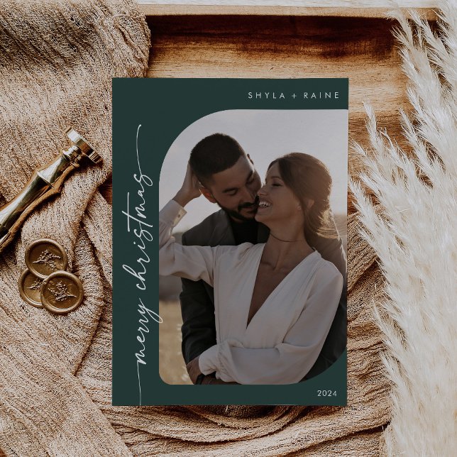 Cartão De Festividades Boho Chic Dark Foto Verde Simples Feliz Natal (Criador carregado)