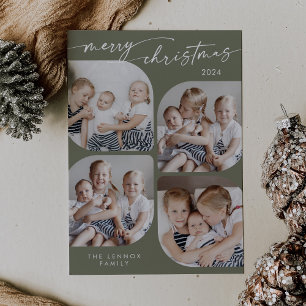 Cartão De Festividades Boho Chic Olive Green Family Multi-Photo Christmas