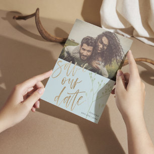 Cartão De Festividades Boho Dusty Blue Salve nossa Data Faux Dourada e Fo