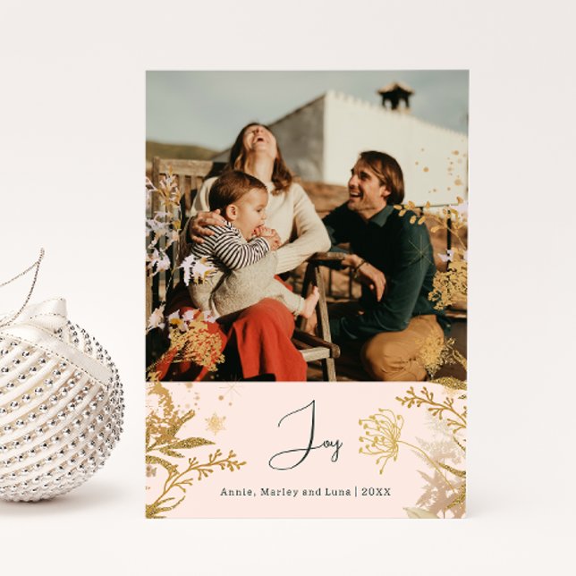 Cartão De Festividades Boho Gold Floral Joy Rosa Foto Vertical Natal (Criador carregado)