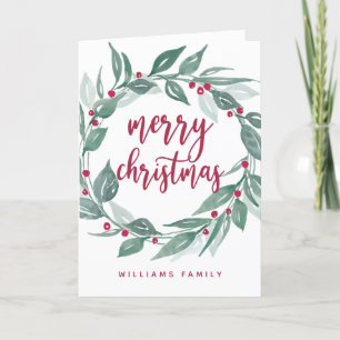 Cartão De Festividades Boho Greenery Wreath Red Berries Feliz Natal