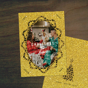 Cartão De Festividades Boho Guepardo & Foto Oval Glitter Natal