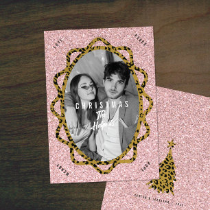 Cartão De Festividades Boho Guepardo & Rosa Brilho Oval Foto Natal