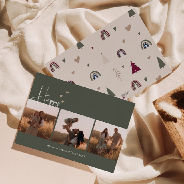 Cartão De Festividades Boho Hearts Happy Green Three Photo Christmas (Criador carregado)