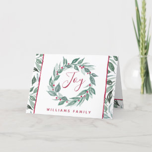 Cartão De Festividades Boho Joy Greenery Wreath Red Berries Family Name