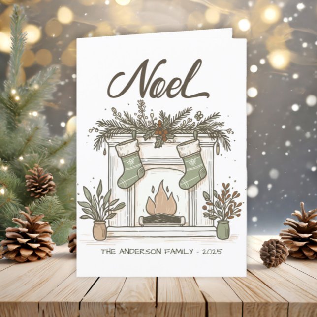 Cartão De Festividades Boho Lareira Meia-Terra Rústica ("Noel" fireplace Christmas greeting card)