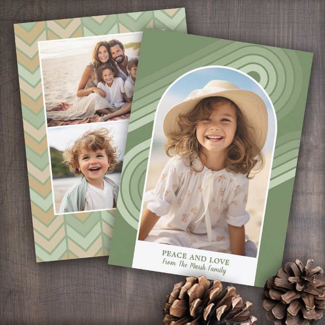 Cartão De Festividades Boho Modern Arch Curvy Line e Geométrico 3 Foto (Soft, retro pastel holiday card with boho stripes and 3 photos.)