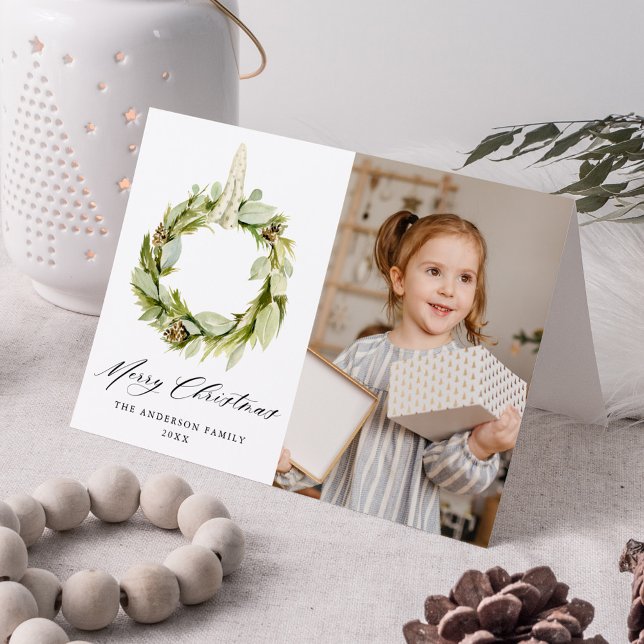 Cartão De Festividades Boho Watercolor Greenery Wreath 2 Foto (Criador carregado)