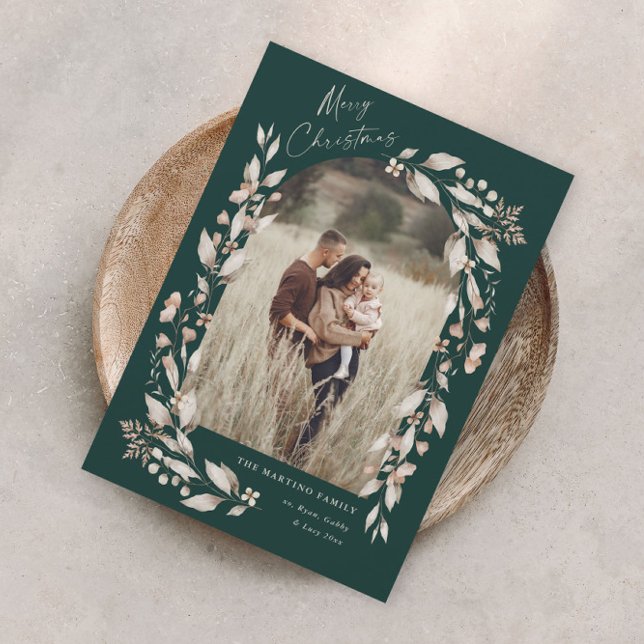 Cartão De Festividades Boho Wildflower Arch - Natal (Boho wildflower arch photo christmas holiday card with elegant modern script & hand painted foliage.)