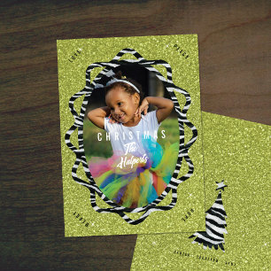 Cartão De Festividades Boho Zebra & Verde Brilho Oval Foto Natal
