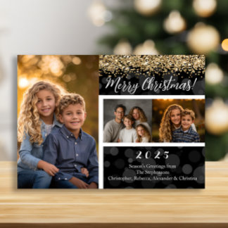 Cartão De Festividades Bokeh Preto Brilho Dourado 3-Foto Feliz Natal