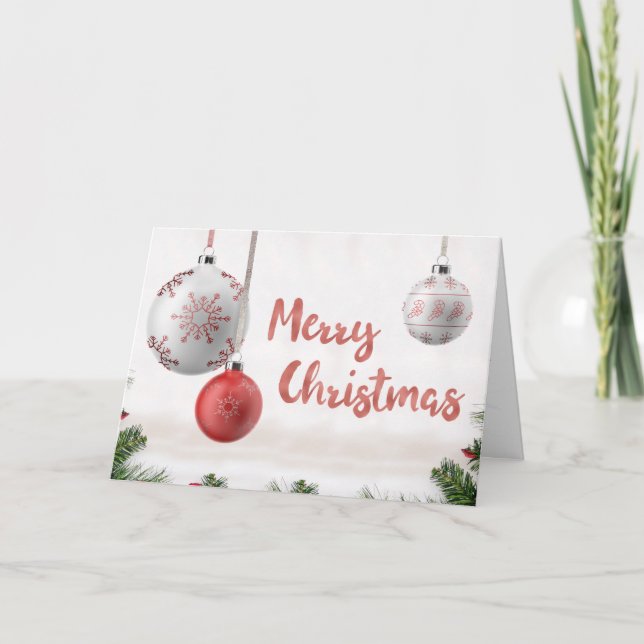 Cartão De Festividades Bola branca e Ouro com neve Feliz Natal (Frente)