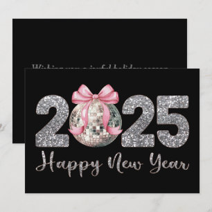 Cartão De Festividades Bola de Discoteca Ano Novo Feliz 2025 Laço Rosa
