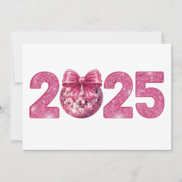 Cartão De Festividades Bola de Discoteca de Ano Novo Feliz 2025 Laço Rosa