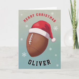 Cartão De Festividades Bola de Futebol com Nome de Chapéu de Natal Vermel