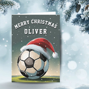 Cartão De Festividades Bola de Futebol de Santa Chapéu Natal Feliz 
