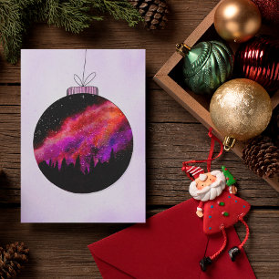 Cartão De Festividades Bola de Natal de Madeira Noite Estrelada Rosa Roxo
