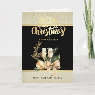 Cartão De Festividades Bola de Natal Dourada, Taça de Vinho, Rena, Laço